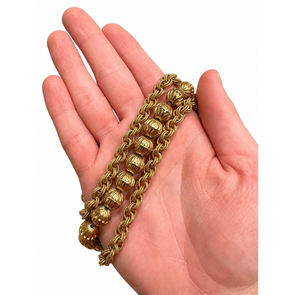 Vintage 1970s Gold Tone Multi Strand Beaded Statement Necklace Ribbed Beads - Picture 4 of 5